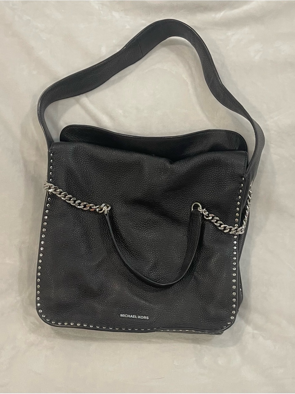 Michael Kors Astor Black Leather Studded Hobo Shoulder Bag with Chain - Picture 2 of 7